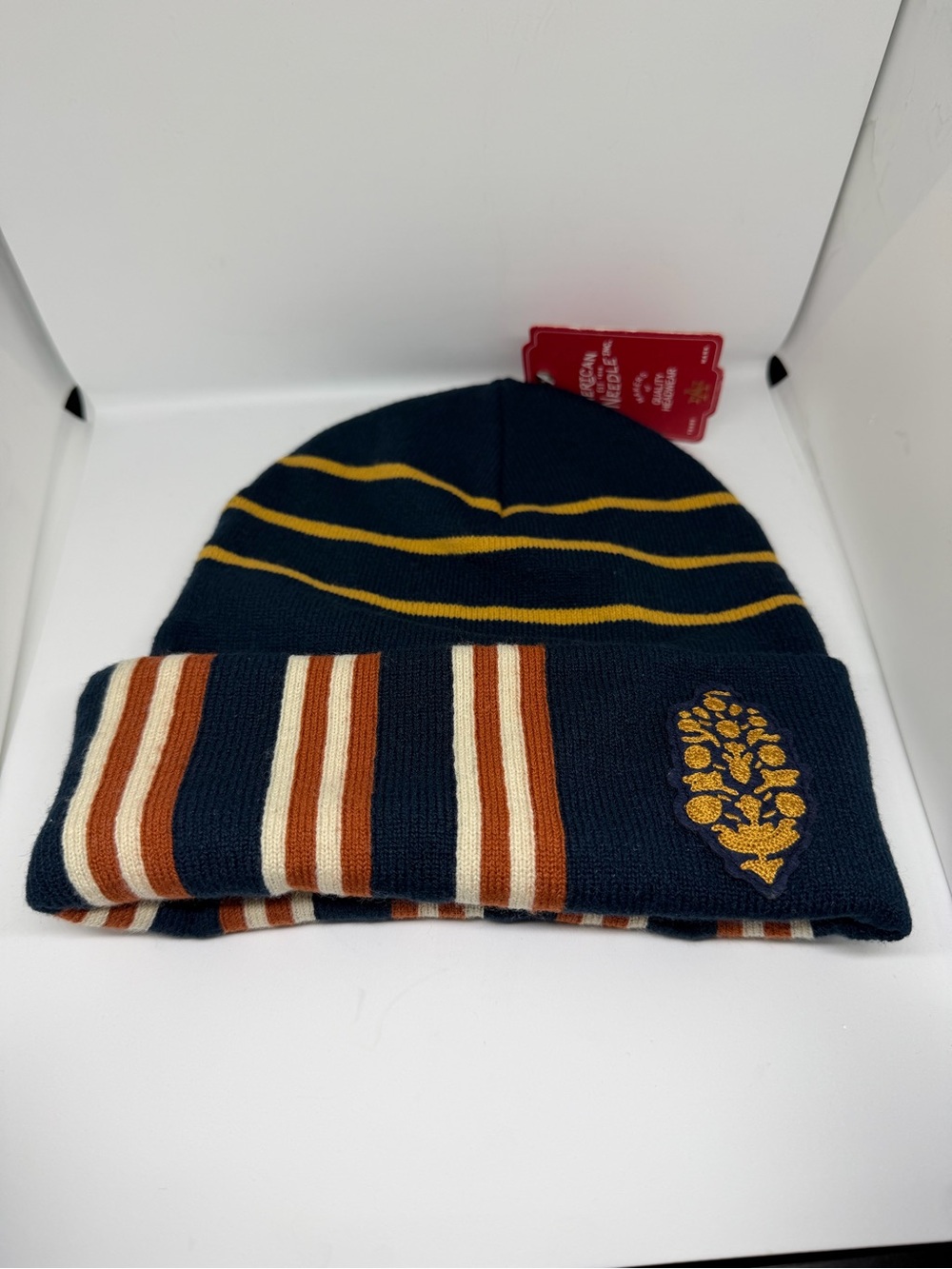 Free People Navy Beanie with Mustard, Rust & Cream Stripes Unisex